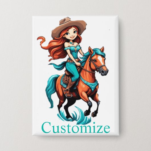 Niedlich Cowgirl Riding Pony Thunder_Cove Button (Vorderseite)