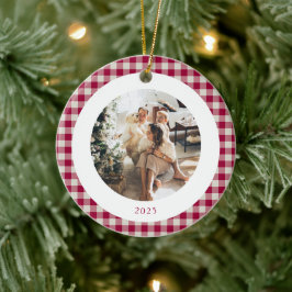 Niedlich Cranberry Red Kariert Custom Foto Christm Keramik Ornament
