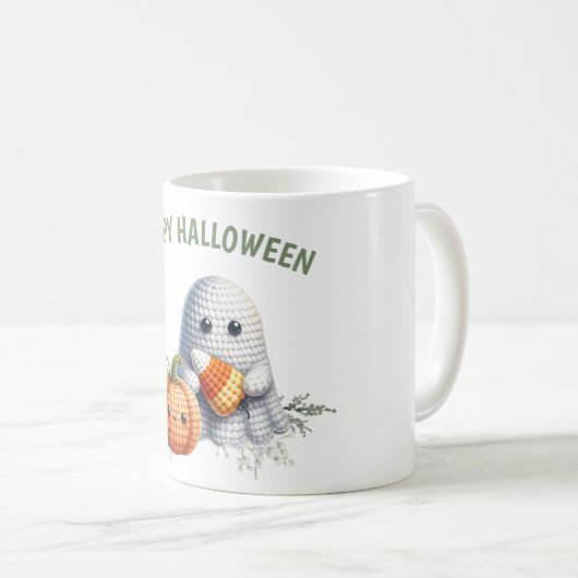 Niedlich Crochet Ghost Happy Halloween Kaffeetasse (VorderseiteRechts)