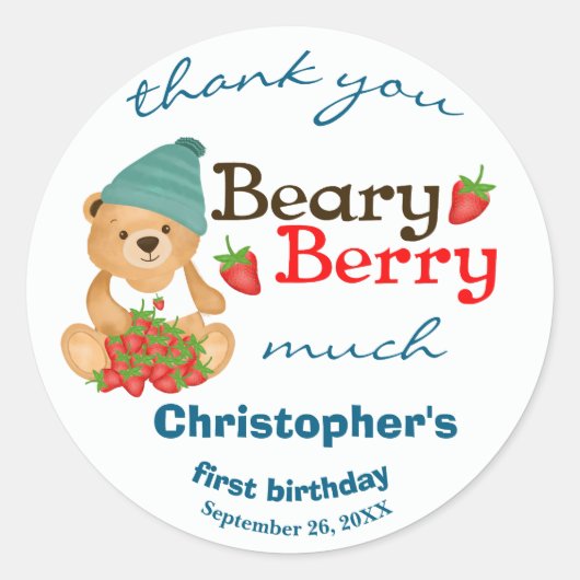 Niedlich Cub Erdbeeren Beary Berry Erster Geburtst Runder Aufkleber (Vorderseite)