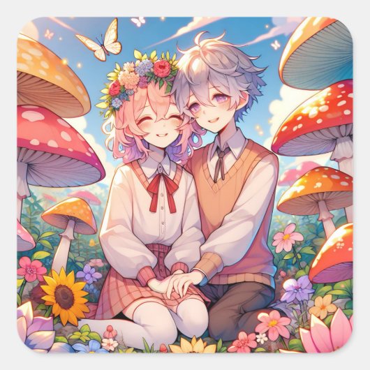 Niedlich Cudly Anime Couple Whimsical Romantic Quadratischer Aufkleber (Vorderseite)