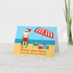 Niedlich Custom Sunny Beach Weihnachten Weihnachte<br><div class="desc">Diese niedliche Weihnachtskarte ist die perfekte Postkarte für das warme Wetter am Pool oder am Strand. Machen Sie es zu einem lustigen Nordpol Thema extravaganza mit dem Weihnachtsmann in seinen Swimmingpools neben einem rot-weiß gestreiften Strand Schirm und Geschenke. Ich habe Herrn Klaus noch nie zuvor in einem Anzug gesehen! Der...</div>