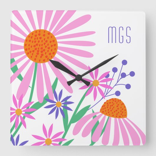 Niedlich Daisies kundenspezifische Monogramm-Wandu Quadratische Wanduhr (Vorderseite)