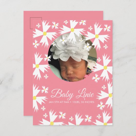 Niedlich Daisy Florals Border Foto Baby Ankündigungspostkarte (Vorne/Hinten)