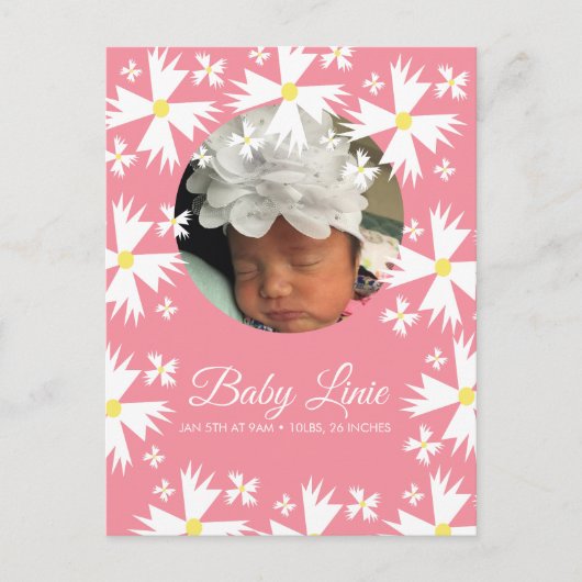 Niedlich Daisy Florals Border Foto Baby Ankündigungspostkarte (Vorderseite)