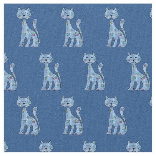 Niedlich Denim n Blume Cartoon Katzengewebe Stoff (Nahaufnahme)