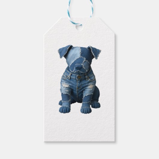 Niedlich Denim Patchwork Art Dog T - Shirt Geschenkanhänger (Vorderseite)