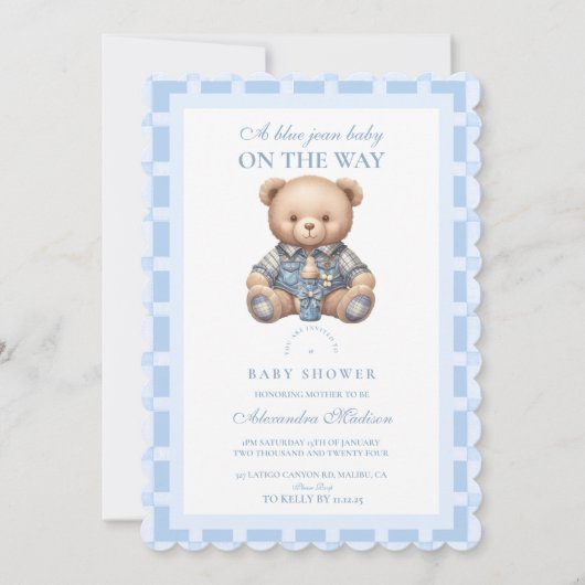 Niedlich Denim Teddy Bear Babydusche Einladung (Vorderseite)
