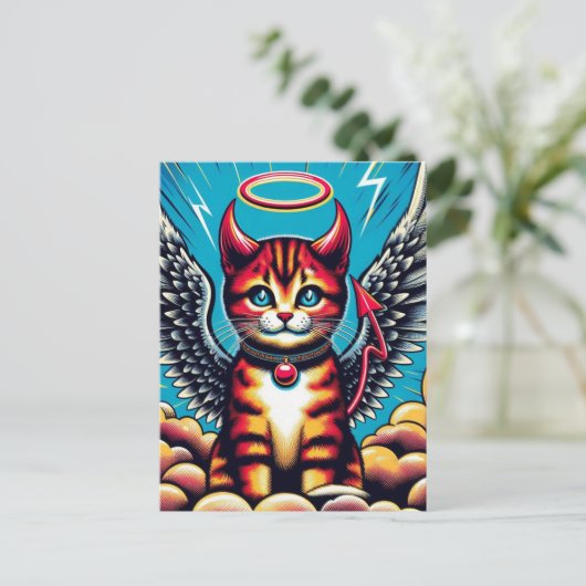 Niedlich Devil Angel Kitty Comic Postkarte (Stehend Vorderseite)