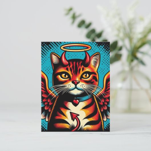 Niedlich Devil Angel Kitty with Wings Comic Book S Postkarte (Stehend Vorderseite)