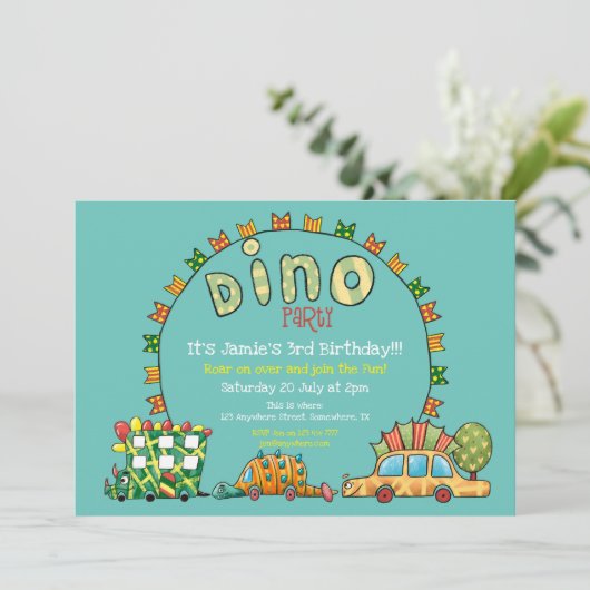 Niedlich Dino Cars Dinosaurier Grün Gelbe Jungen G Einladung (Stehend Vorderseite)