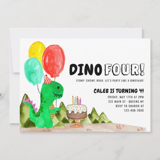 Niedlich Dino FOUR Balloon Cake Dinosaur 4. Geburt Einladung (Vorderseite)