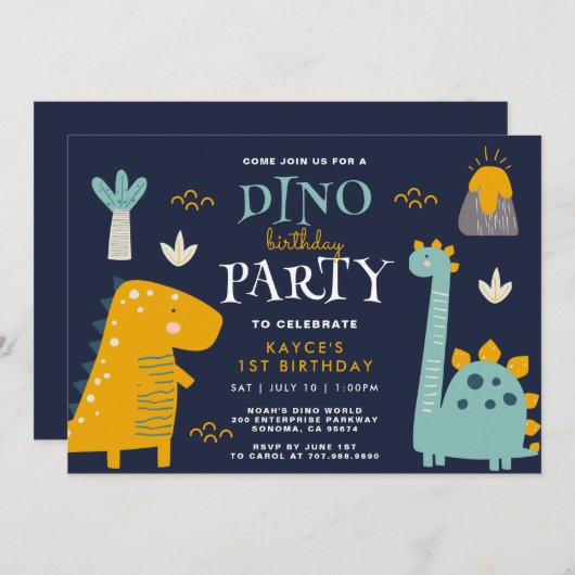 Niedlich Dino Party Erster Geburtstag Einladung (Vorne/Hinten)
