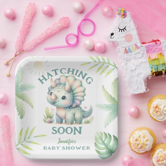 Niedlich Dino Triceratops Dinosaur Green Baby Dusc Pappteller (Party)