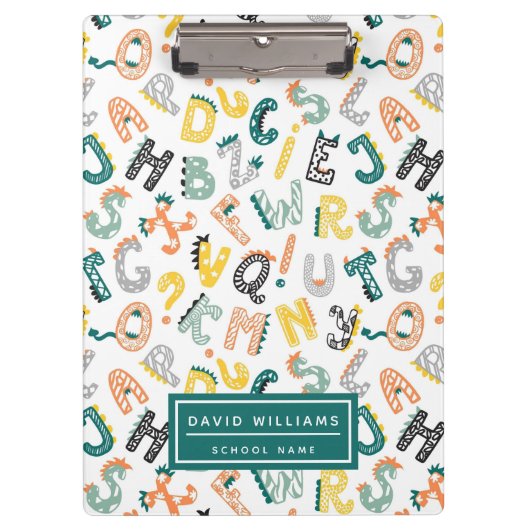 Niedlich Dinosaur Alphabet Pattern Kinderschule Klemmbrett (Vorderseite)
