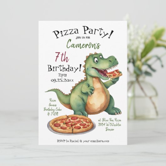 Niedlich Dinosaur Birthday Pizza Party Einladung (Stehend Vorderseite)
