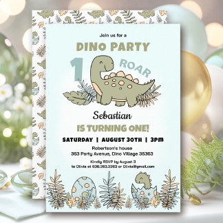 Niedlich Dinosaur Blue Green Boy 1. Geburtstag Einladung
