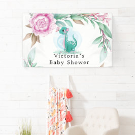 Niedlich Dinosaur Butterfly Pink Peony Baby Dusche Banner
