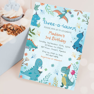 Niedlich Dinosaur Drei-A-Saurus 3. Geburtstag Einladung