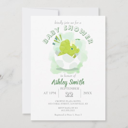 Niedlich Dinosaur Eier Grüne Wasserfarbe Kinderdus Einladung (Vorderseite)