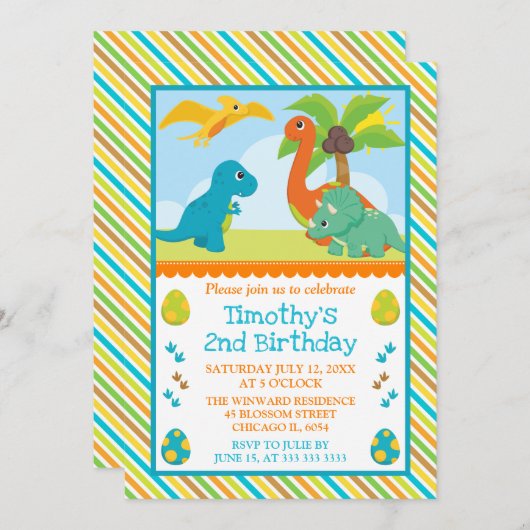 Niedlich Dinosaur Friends Kindergeburtstag Einladung (Vorne/Hinten)