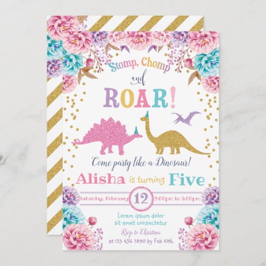 Niedlich Dinosaur Geburtstagsläger Einladung (Vorne/Hinten)