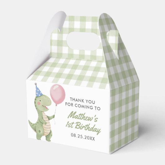 Niedlich Dinosaur Gingham 1. Geburtstag Party Geschenkschachtel (Vorderseite)