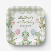 Niedlich Dinosaur Gingham 1. Geburtstag Party Pappteller (Vorderseite)