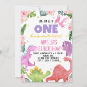 Niedlich Dinosaur Girl 1. Geburtstag Einladung (Vorderseite)