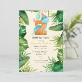 Niedlich Dinosaur Green Blätter 2. Geburtstag Part Einladung (Stehend Vorderseite)