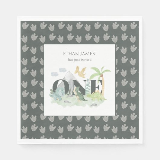 Niedlich Dinosaur Jungle Wasserfarbe Junge 1. Gebu Serviette (Vorderseite)