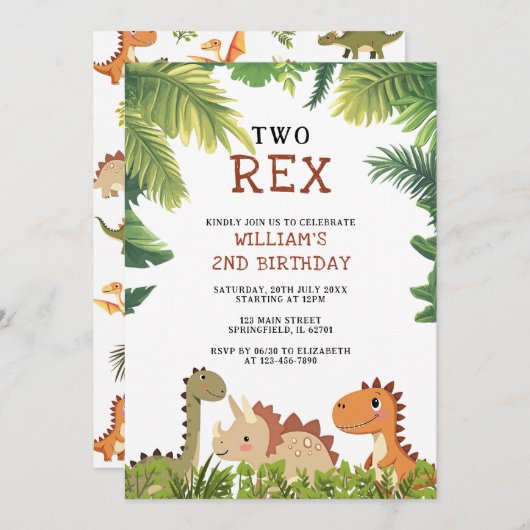 Niedlich Dinosaur Jurassic Two Rex 2. Party Einladung (Vorne/Hinten)