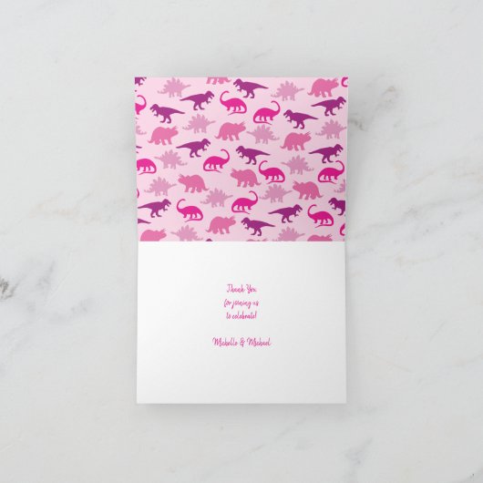 Niedlich Dinosaur Kinderdusche Dino Pink Girl Dankeskarte (Innenseite)