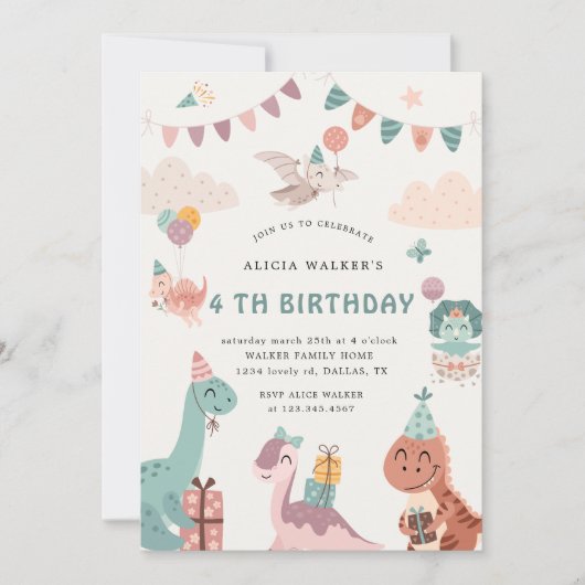 Niedlich Dinosaur Party Tiere Kindergeburtstag Einladung (Vorderseite)