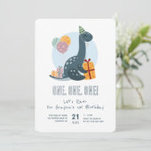 Niedlich Dinosaur Rawr Blue 1. Geburtstag Einladung (Stehend Vorderseite)