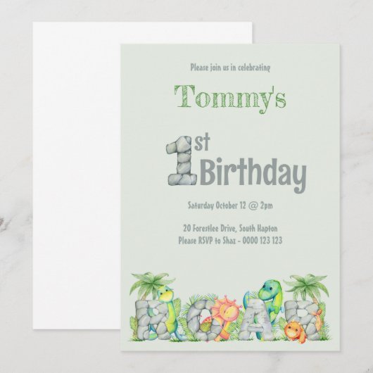 Niedlich Dinosaur Roar 1. Geburtstagskys Einladung (Vorne/Hinten)