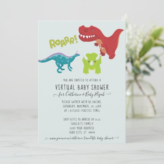Niedlich Dinosaur ROAR Boy Baby Virtual Dusche Einladung (Stehend Vorderseite)