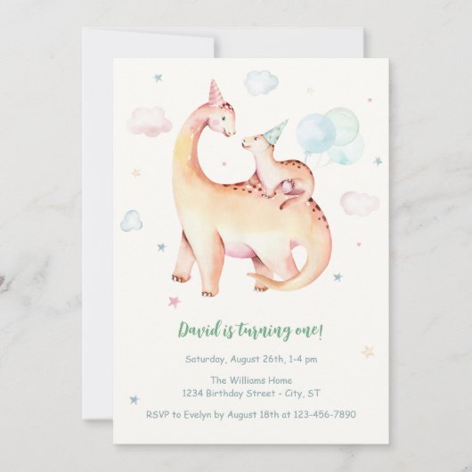 Niedlich Dinosaur Thema 1. Geburtstag Einladung (Vorderseite)