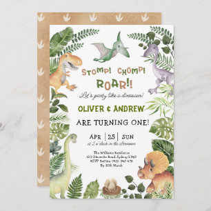 Niedlich Dinosaur Twin Boys Birthday Jurassic Part Einladung