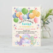 Niedlich Dinosaur Unicorn Rainbow donut Ballonpatt Einladung (Stehend Vorderseite)