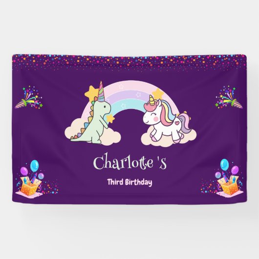 Niedlich Dinosaur Unicorn Regenbogen Ballon Geburt Banner (Horizontal)
