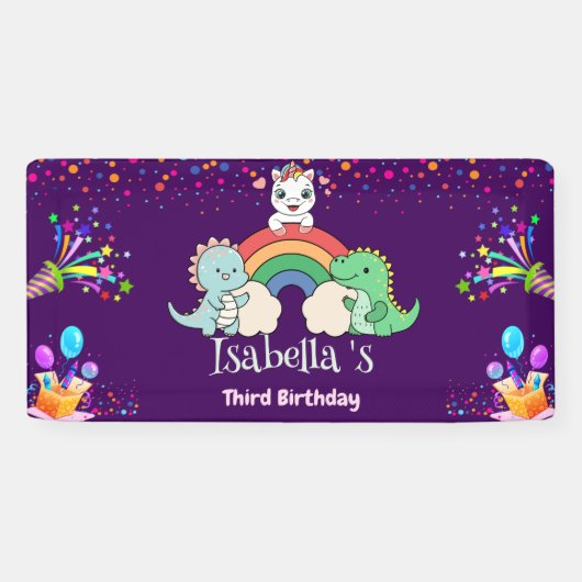Niedlich Dinosaur Unicorn Regenbogen Ballon Geburt Banner (Horizontal)