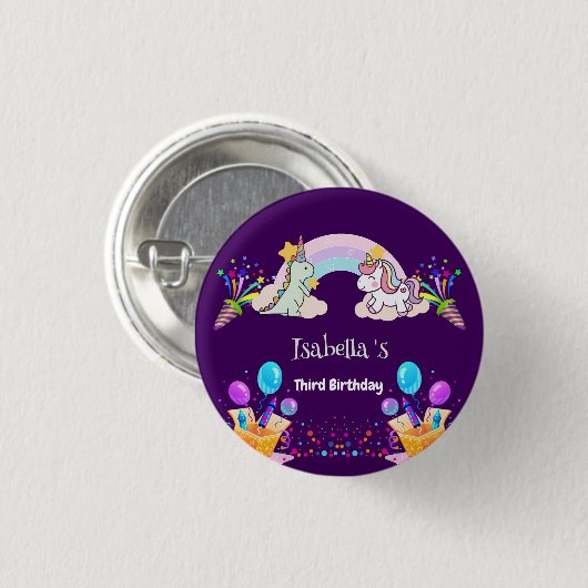Niedlich Dinosaur Unicorn Regenbogen Ballon Geburt Button (Vorne & Hinten)