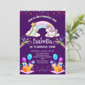 Niedlich Dinosaur Unicorn Regenbogen Ballon Geburt Einladung (Stehend Vorderseite)