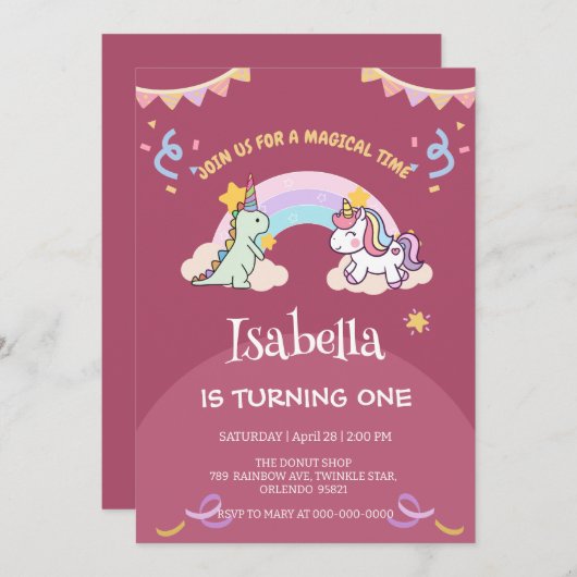 Niedlich Dinosaur Unicorn Regenbogen Ballon Geburt Einladung (Vorne/Hinten)