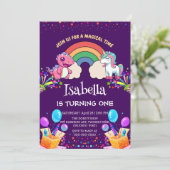 Niedlich Dinosaur Unicorn Regenbogen Ballon Geburt Einladung (Stehend Vorderseite)