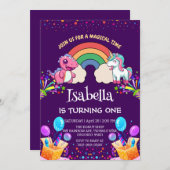 Niedlich Dinosaur Unicorn Regenbogen Ballon Geburt Einladung (Vorne/Hinten)