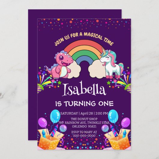 Niedlich Dinosaur Unicorn Regenbogen Ballon Geburt Einladung (Vorne/Hinten)