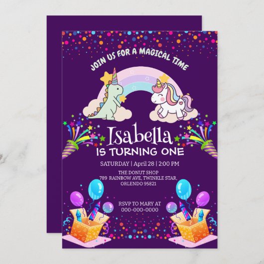 Niedlich Dinosaur Unicorn Regenbogen Ballon Geburt Einladung (Vorne/Hinten)