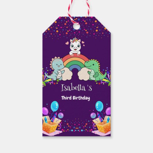 Niedlich Dinosaur Unicorn Regenbogen Ballon Geburt Geschenkanhänger (Vorderseite)